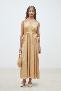 Camel & Gold Stripe Lace-Shoulder Midi Dress