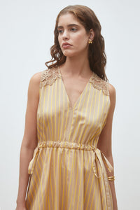 Camel & Gold Stripe Lace-Shoulder Midi Dress