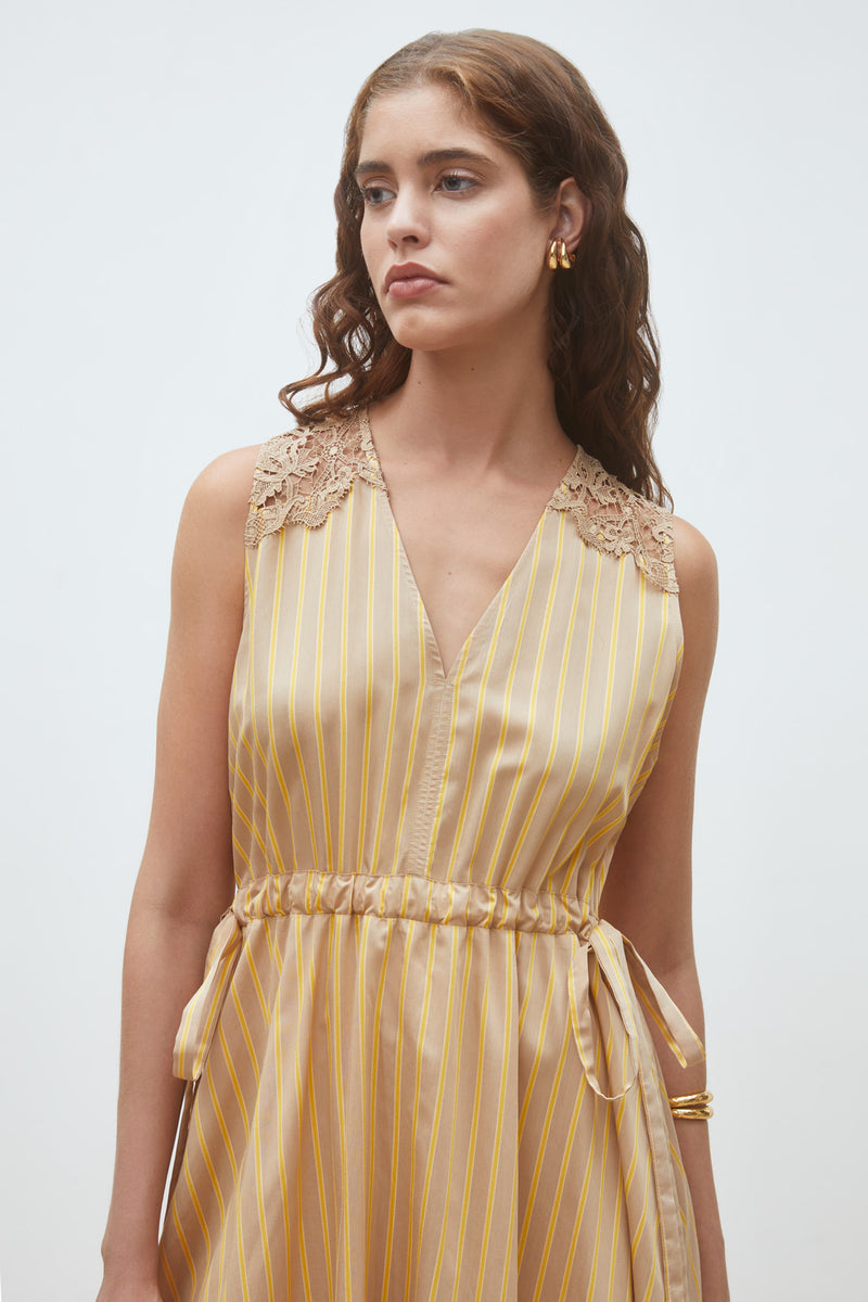 Camel & Gold Stripe Lace-Shoulder Midi Dress