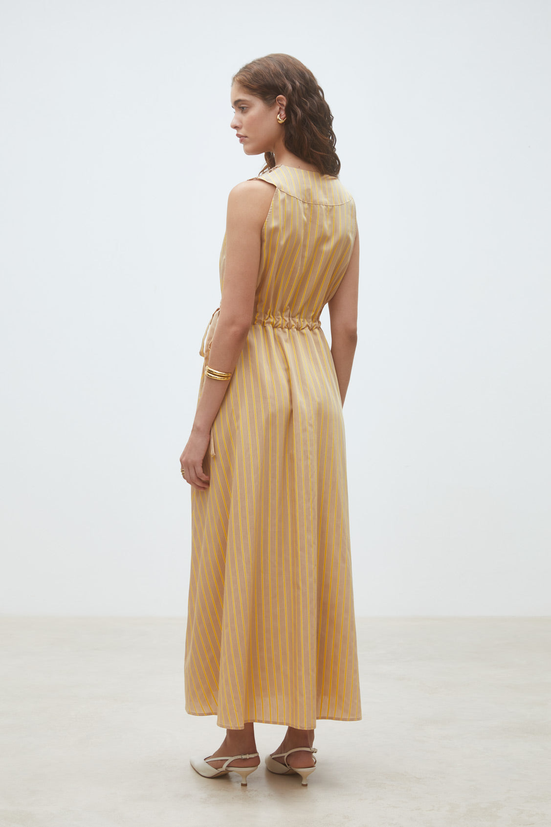 Camel & Gold Stripe Lace-Shoulder Midi Dress