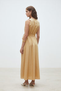 Camel & Gold Stripe Lace-Shoulder Midi Dress