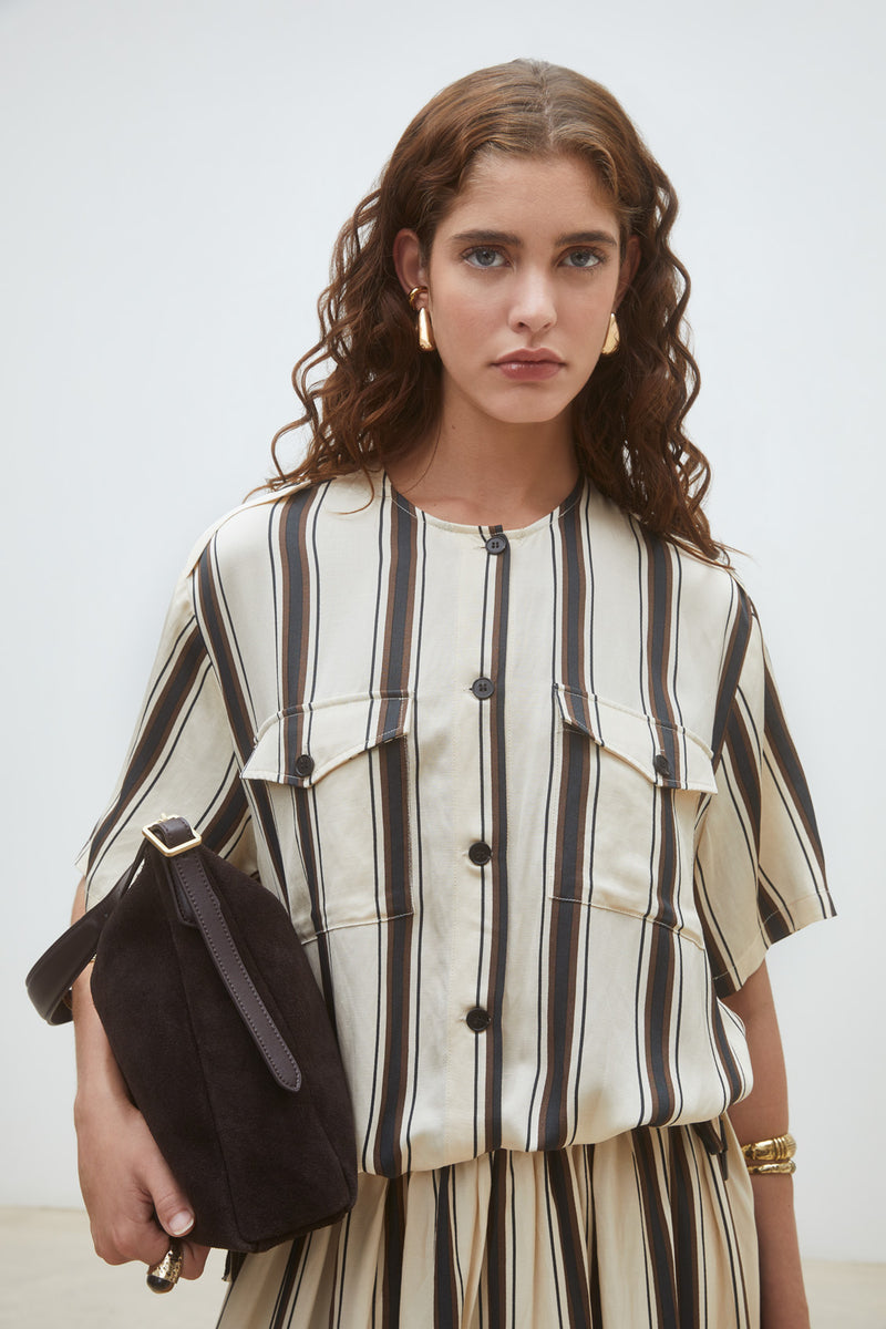 Cream & Mocha Stripe Button-Front Blouse