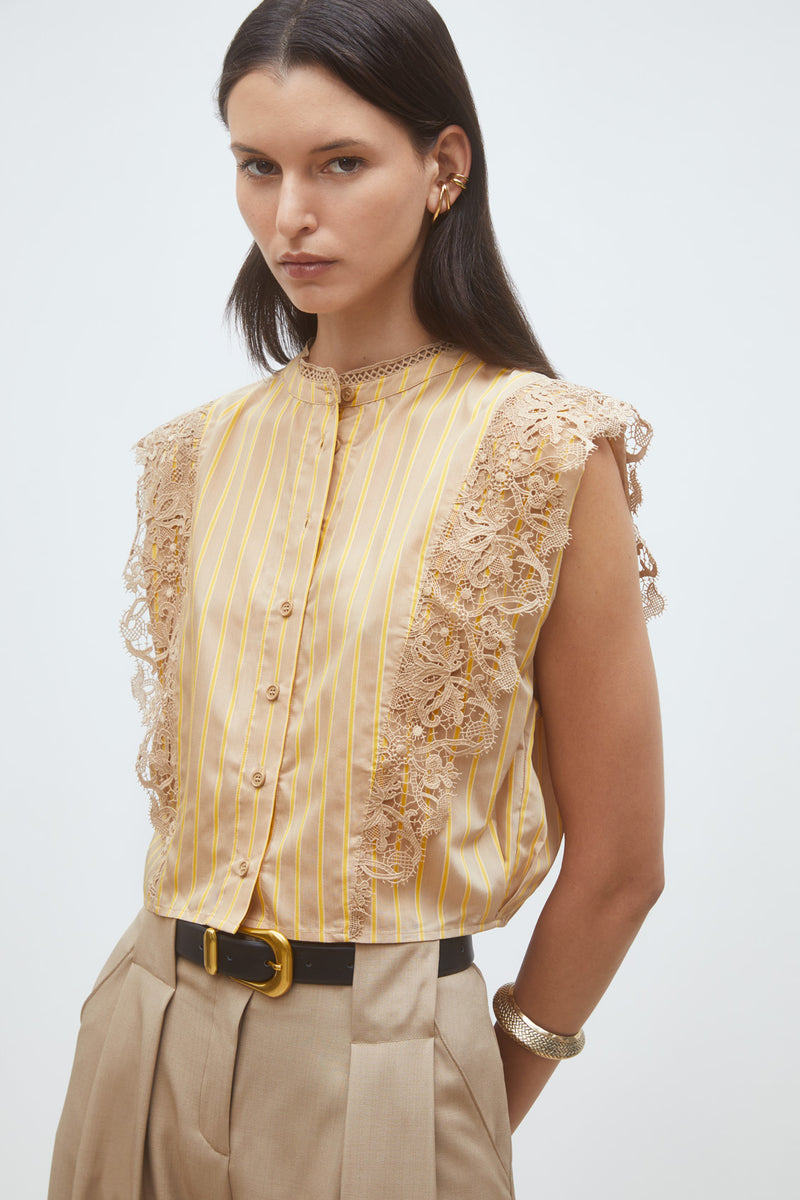 Lace-Trim Striped Sleeveless Blouse