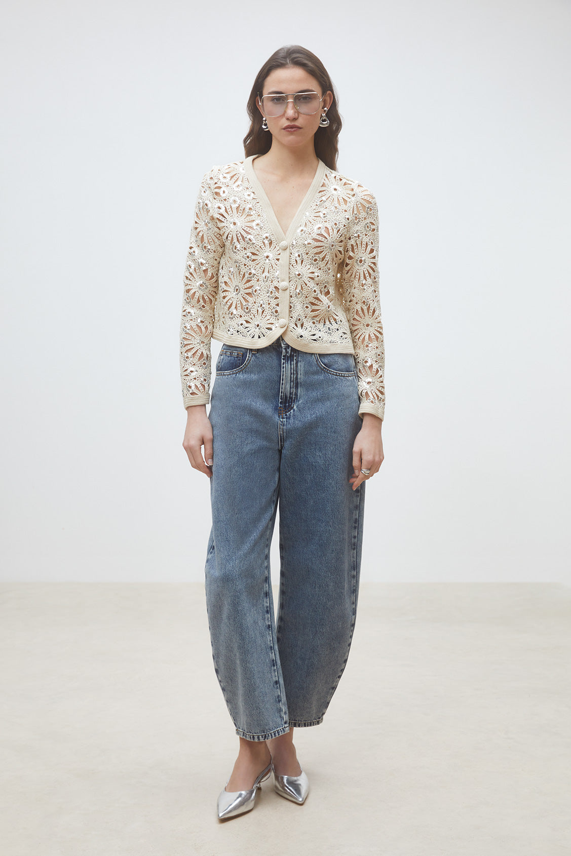 Sequin Floral Lace Cropped Cardigan