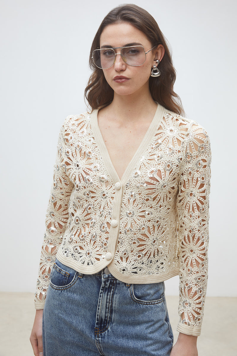Sequin Floral Lace Cropped Cardigan