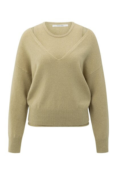 Knitted Sweater with Deep V-neck and Layered Top