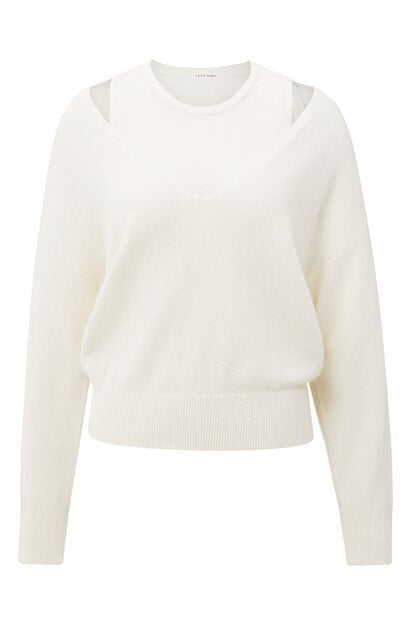 Knitted Sweater with Deep V-neck and Layered Top
