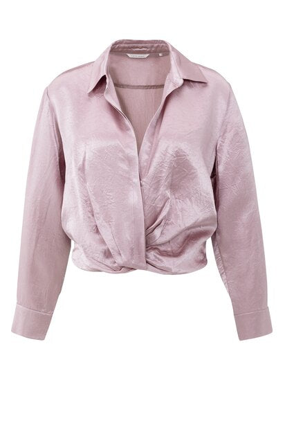 Cropped Satin Blouse with Draping and Elastic Hem