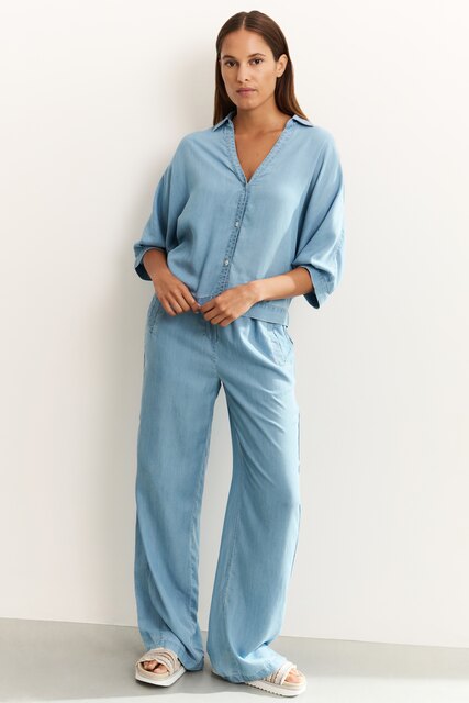 Chambray Trousers with Wide Legs