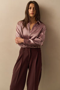 Cropped Satin Blouse with Draping and Elastic Hem