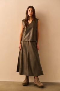 Faux Leather A-line Midi Skirt