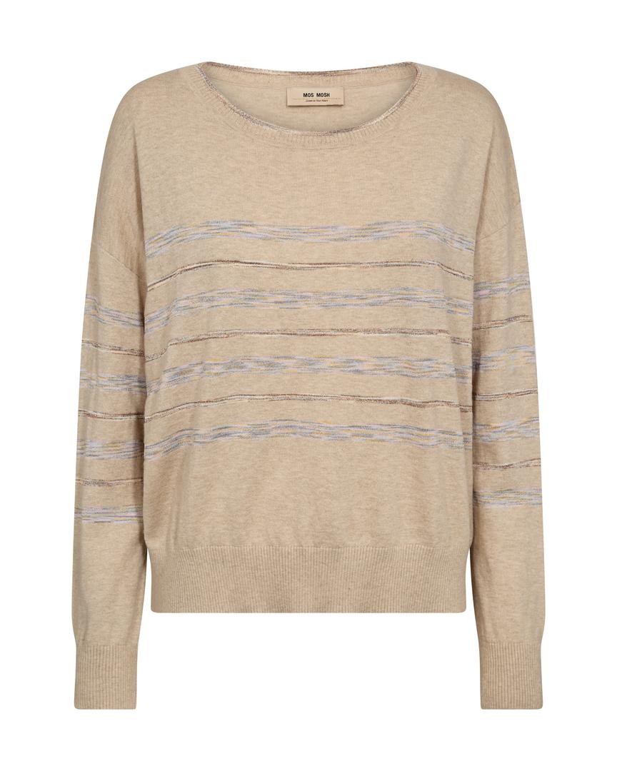 women's long-sleeve knit sweater in a soft, muted beige shade called Feather Gray. The fabric is lightweight and drapes gently, creating a relaxed and effortless silhouette. The sweater features a wide, round neckline with a delicately stitched trim, adding a touch of understated elegance. The fit is slightly loose, allowing for comfort and easy layering.

A unique feature of this sweater is the horizontal stripe pattern that runs across the front and sleeves. The stripes are subtle, woven into the fabric w