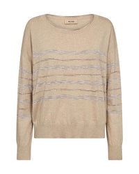 women's long-sleeve knit sweater in a soft, muted beige shade called Feather Gray. The fabric is lightweight and drapes gently, creating a relaxed and effortless silhouette. The sweater features a wide, round neckline with a delicately stitched trim, adding a touch of understated elegance. The fit is slightly loose, allowing for comfort and easy layering.

A unique feature of this sweater is the horizontal stripe pattern that runs across the front and sleeves. The stripes are subtle, woven into the fabric w