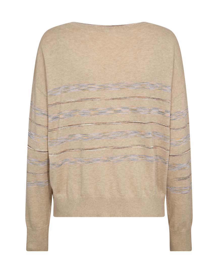 women's long-sleeve knit sweater in a soft, muted beige shade called Feather Gray. The fabric is lightweight and drapes gently, creating a relaxed and effortless silhouette. The sweater features a wide, round neckline with a delicately stitched trim, adding a touch of understated elegance. The fit is slightly loose, allowing for comfort and easy layering.

A unique feature of this sweater is the horizontal stripe pattern that runs across the front and sleeves. The stripes are subtle, woven into the fabric w
