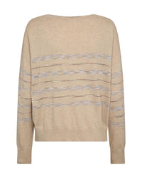 women's long-sleeve knit sweater in a soft, muted beige shade called Feather Gray. The fabric is lightweight and drapes gently, creating a relaxed and effortless silhouette. The sweater features a wide, round neckline with a delicately stitched trim, adding a touch of understated elegance. The fit is slightly loose, allowing for comfort and easy layering.

A unique feature of this sweater is the horizontal stripe pattern that runs across the front and sleeves. The stripes are subtle, woven into the fabric w