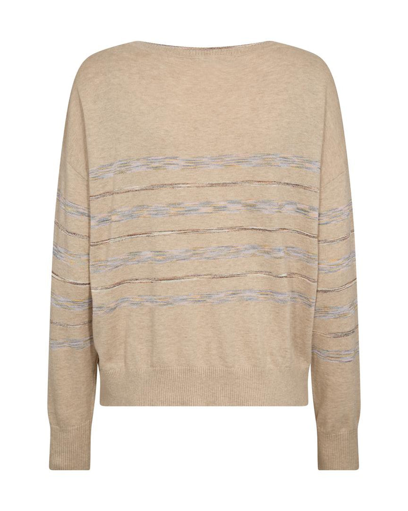 women's long-sleeve knit sweater in a soft, muted beige shade called Feather Gray. The fabric is lightweight and drapes gently, creating a relaxed and effortless silhouette. The sweater features a wide, round neckline with a delicately stitched trim, adding a touch of understated elegance. The fit is slightly loose, allowing for comfort and easy layering.

A unique feature of this sweater is the horizontal stripe pattern that runs across the front and sleeves. The stripes are subtle, woven into the fabric w