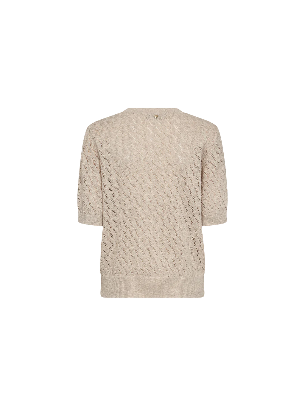 A women's short-sleeve knit sweater in a soft, neutral beige color called Feather Gray. The fabric is lightweight and delicate, featuring an intricate open-knit pattern with a repeating wavy design, allowing for breathability and a slightly sheer effect. The sweater has a classic round neckline with a finely ribbed collar that blends seamlessly into the knit. The short sleeves fall just above the elbow, offering a relaxed and comfortable fit. The hem is finished with a slightly thicker ribbed band, giving t