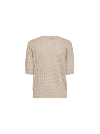 A women's short-sleeve knit sweater in a soft, neutral beige color called Feather Gray. The fabric is lightweight and delicate, featuring an intricate open-knit pattern with a repeating wavy design, allowing for breathability and a slightly sheer effect. The sweater has a classic round neckline with a finely ribbed collar that blends seamlessly into the knit. The short sleeves fall just above the elbow, offering a relaxed and comfortable fit. The hem is finished with a slightly thicker ribbed band, giving t