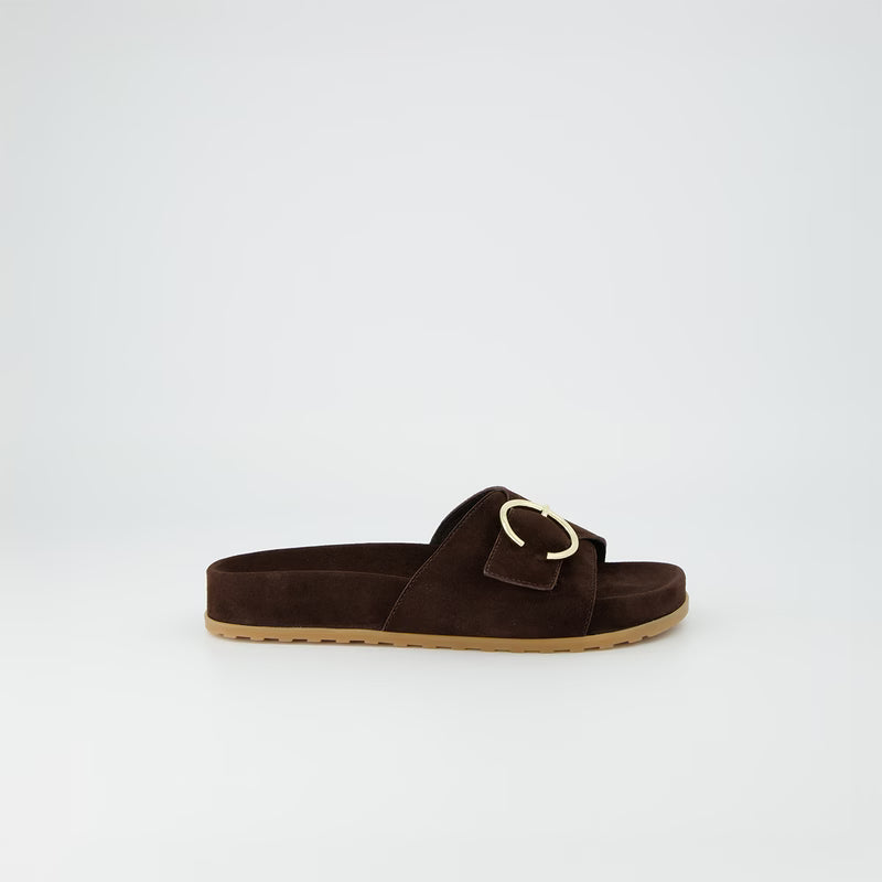 Brown Suede Slide Sandal with Buckle