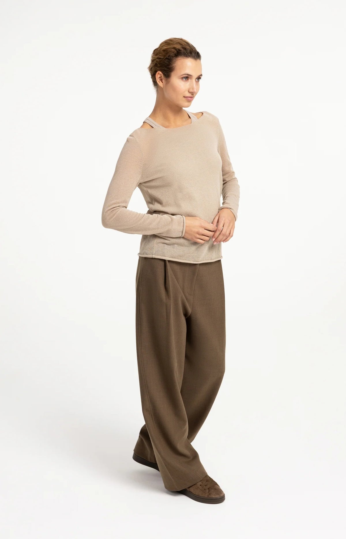 Double-Layered Fine-Knit Top Long Sleeves