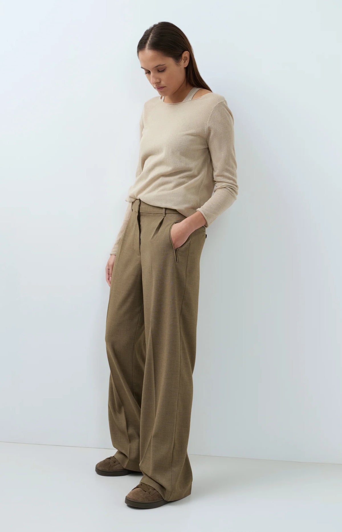 Double-Layered Fine-Knit Top Long Sleeves