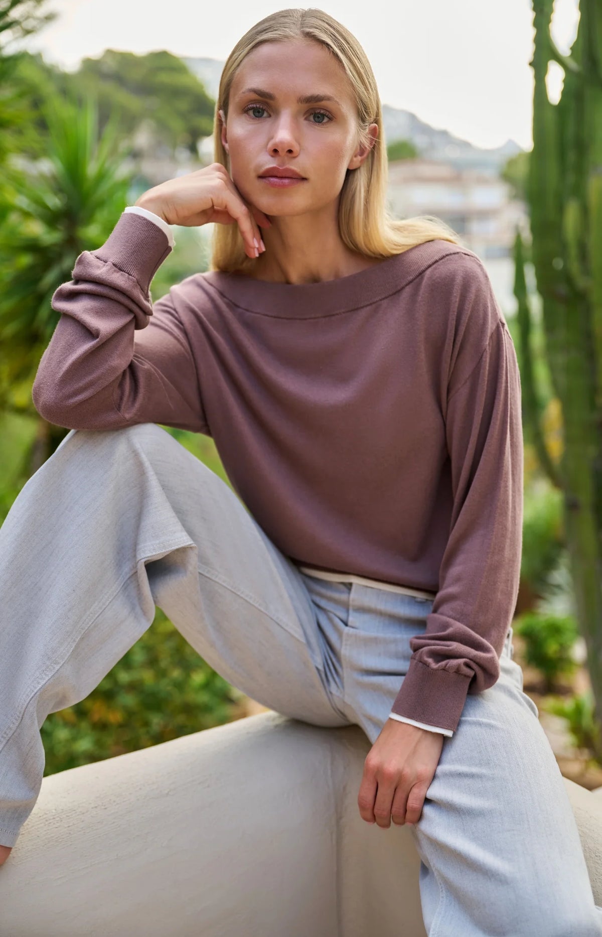 Fine Knit Sweater with Boat Neckline