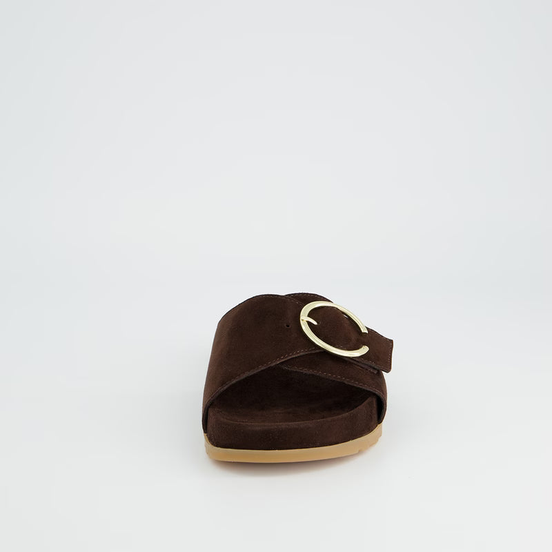Brown Suede Slide Sandal with Buckle