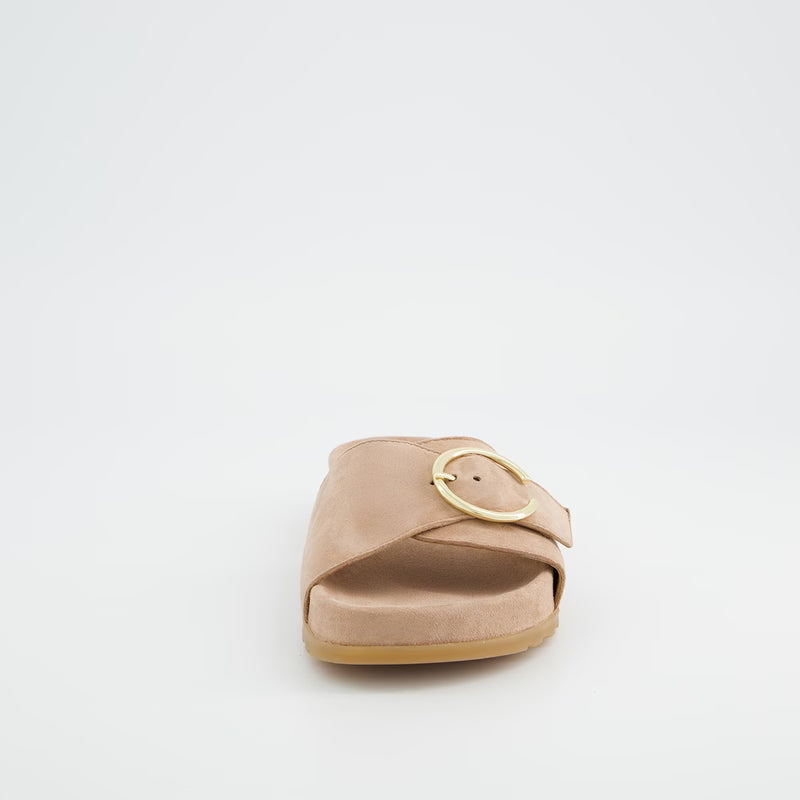 Brown Suede Slide Sandal with Buckle