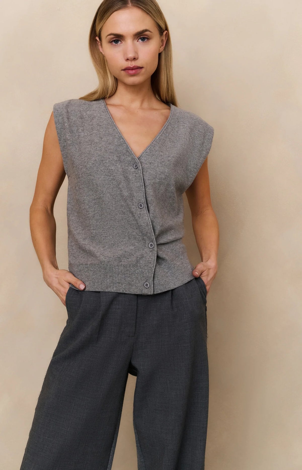 Knitted Gilet with V-neck and Asymmetric Buttoning