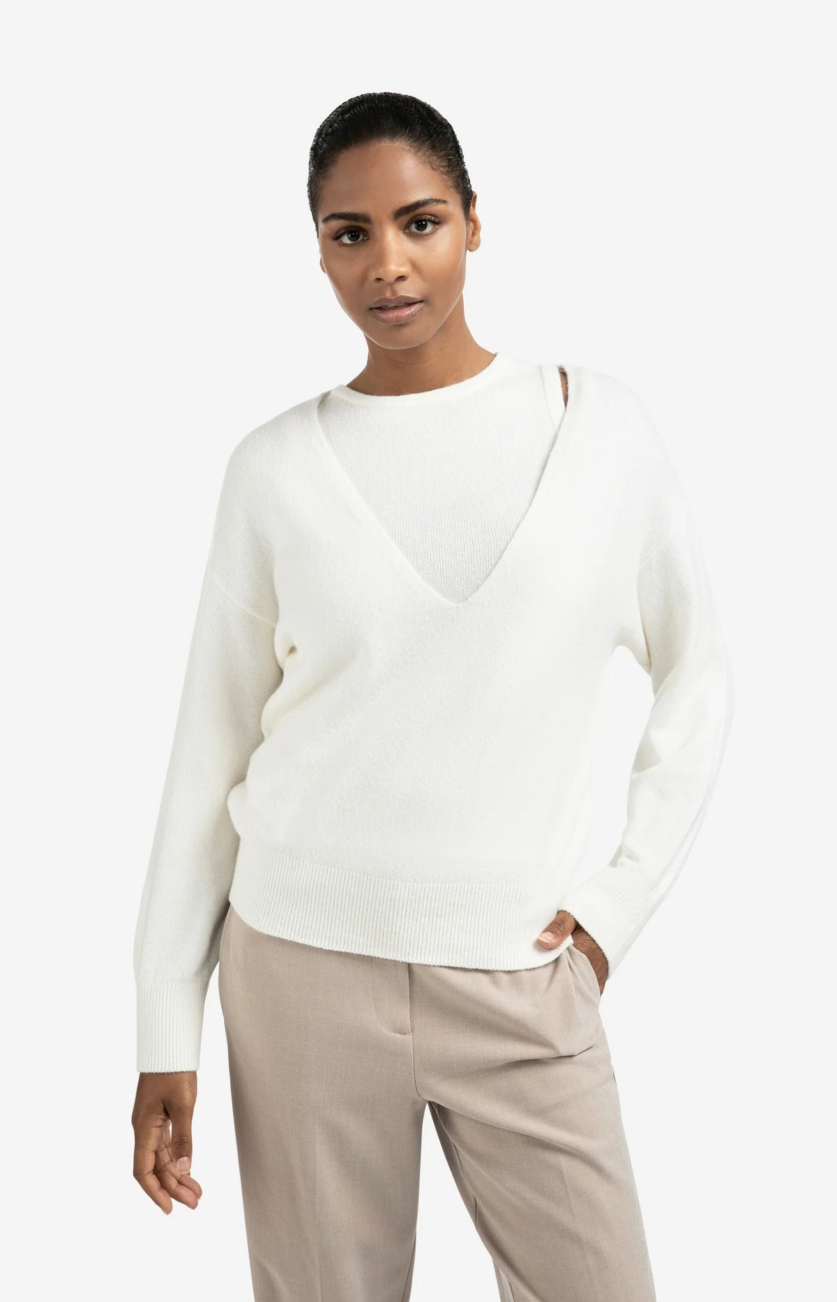 Knitted Sweater with Deep V-neck and Layered Top