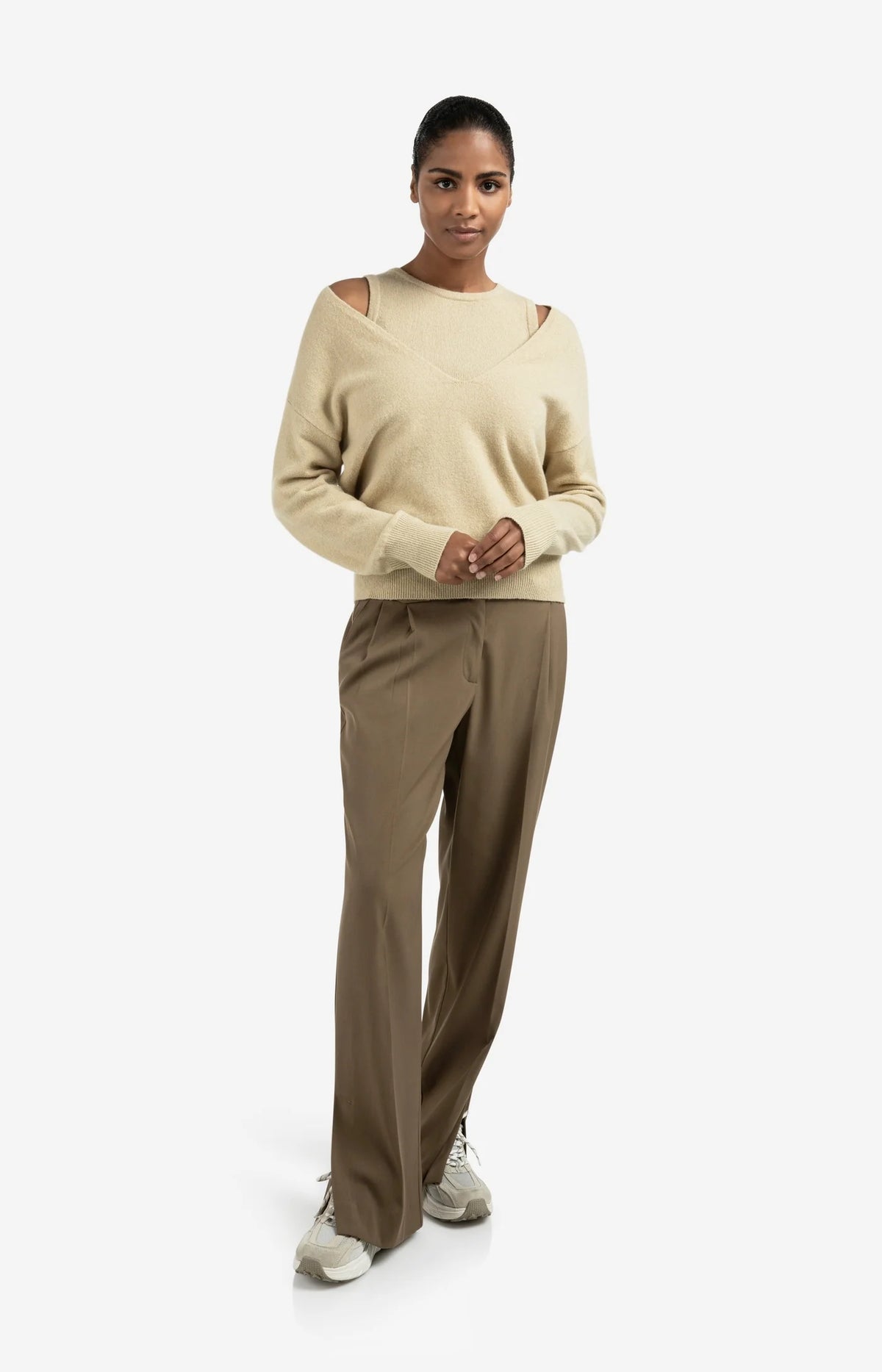 Knitted Sweater with Deep V-neck and Layered Top