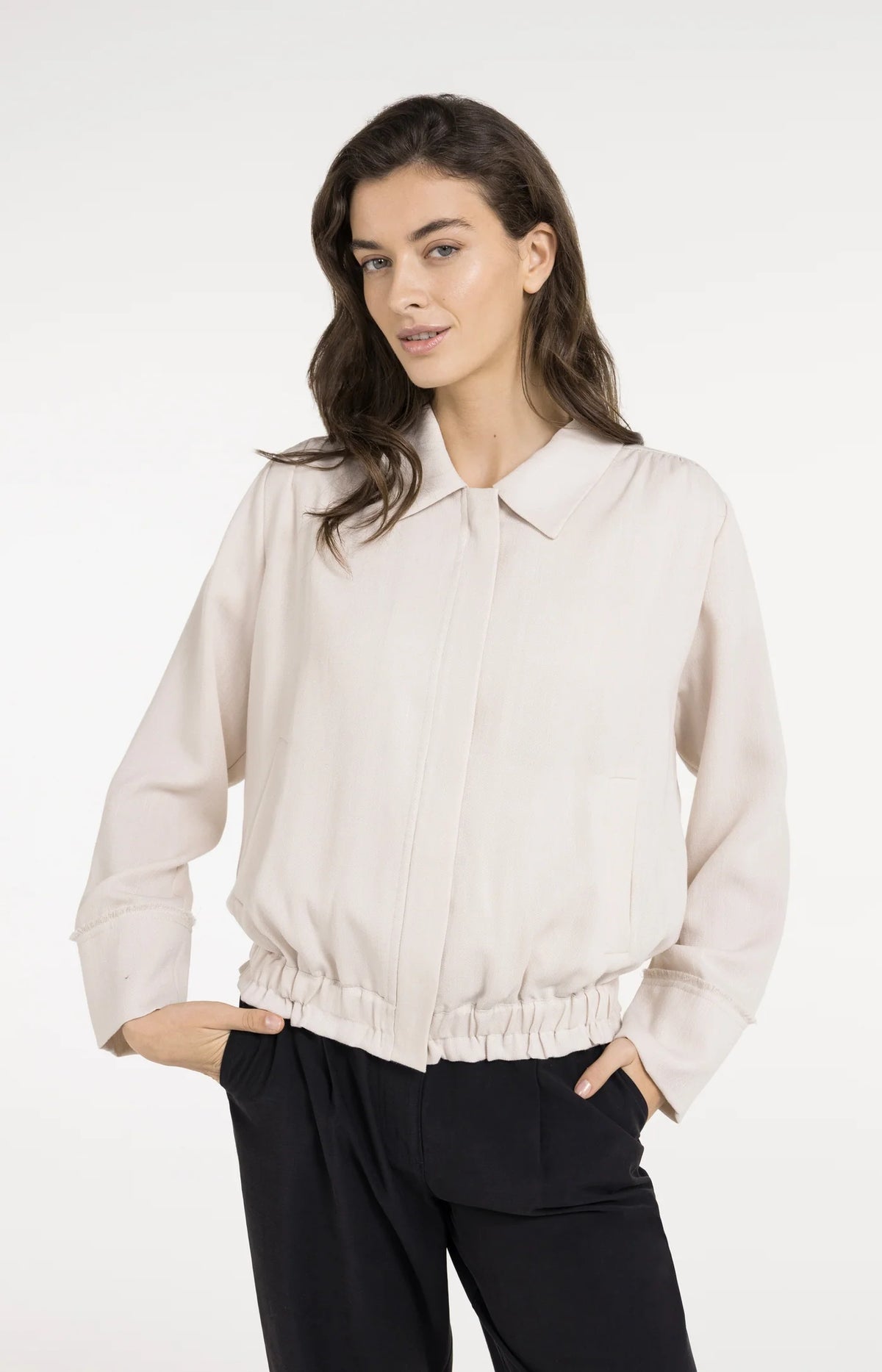 Linen Jacket with Collar and Elasticated Hem