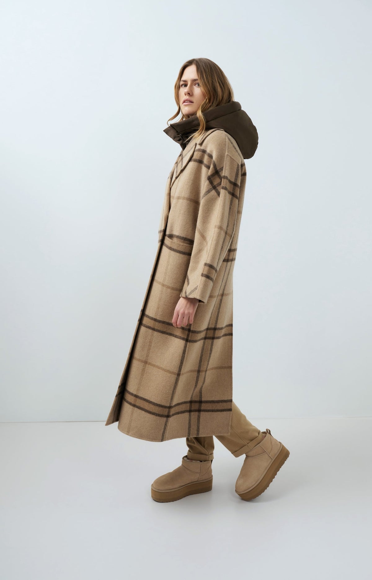 Long Checked Wool Blend Coat with Oversized Fit -
