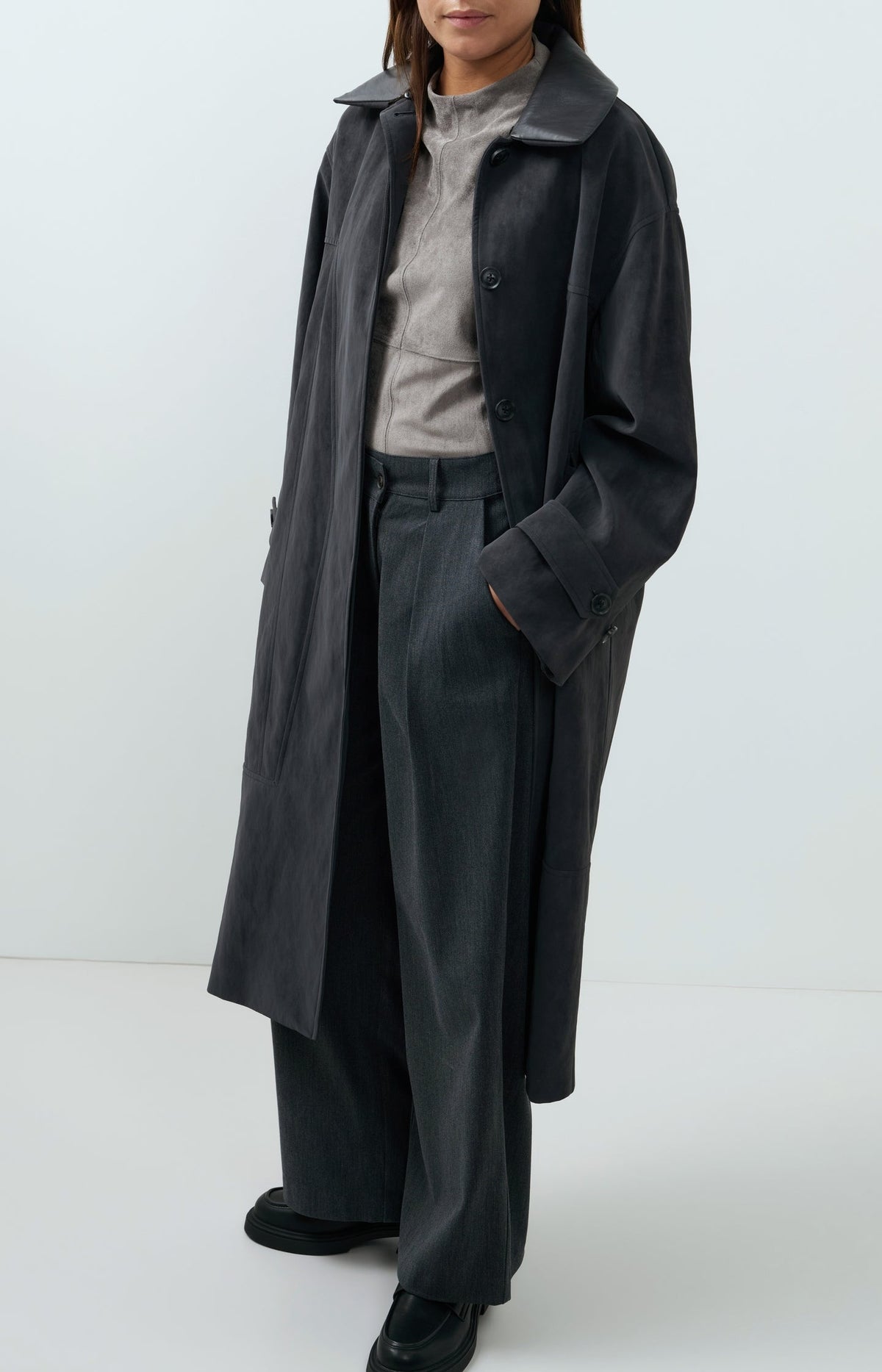 Long Faux Suede Coat with Detachable Collar -