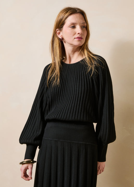 Black Ribbed Balloon Sleeve Jumper