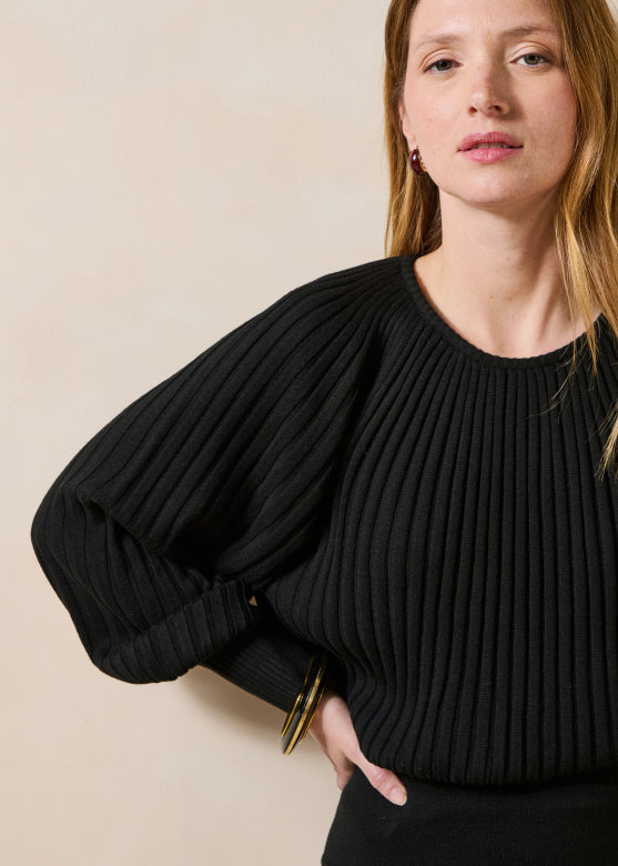 Black Ribbed Balloon Sleeve Jumper