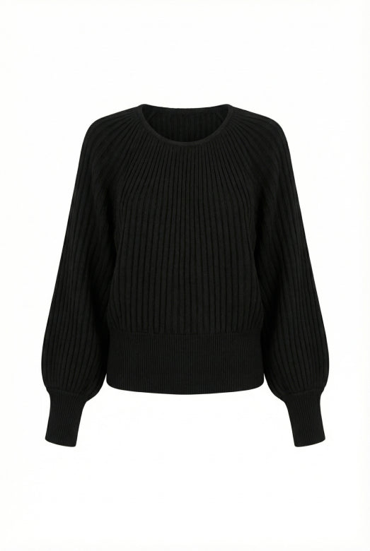 Black Ribbed Balloon Sleeve Jumper