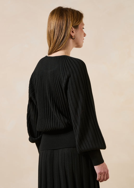 Black Ribbed Balloon Sleeve Jumper