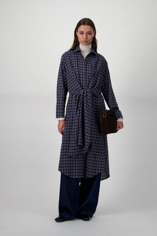 Navy Check Tie-Waist Shirt Dress