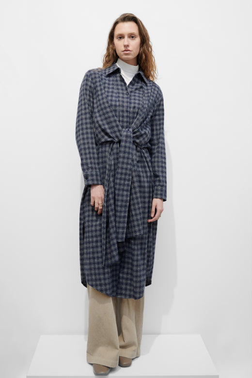Navy Check Tie-Waist Shirt Dress