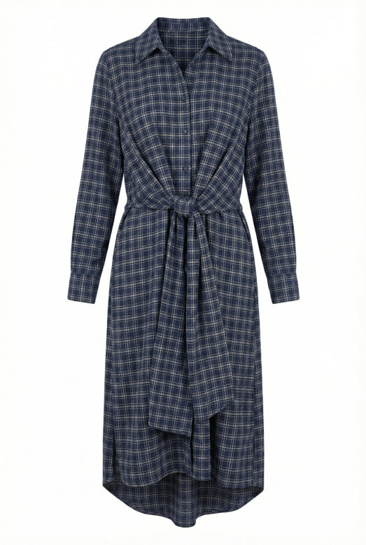 Navy Check Tie-Waist Shirt Dress