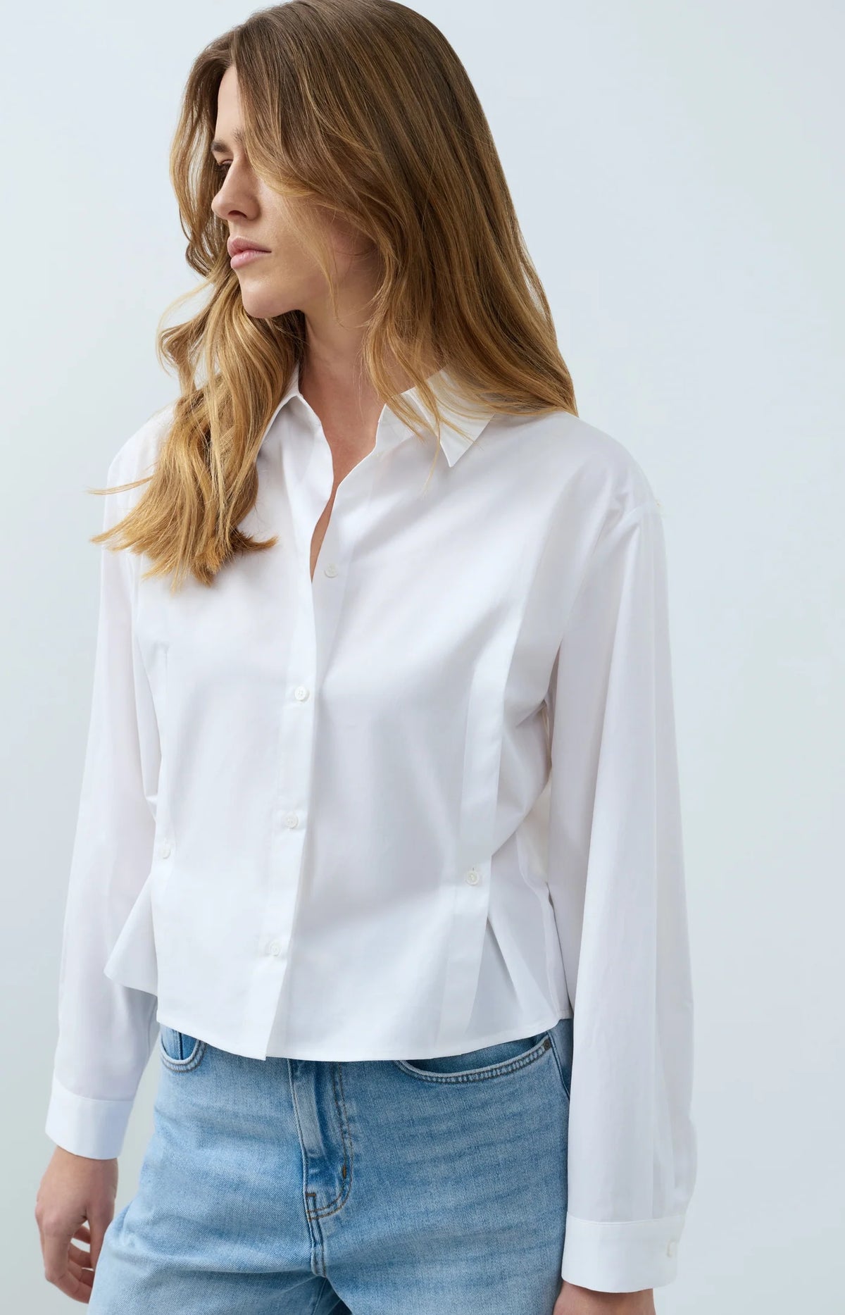 Poplin Blouse Adjustable Waist Long Sleeves