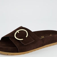 Brown Suede Slide Sandal with Buckle