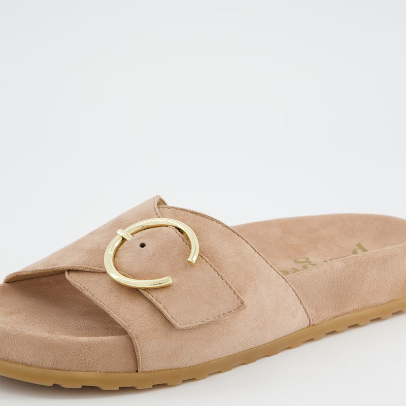 Brown Suede Slide Sandal with Buckle
