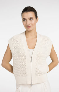 Sleeveless Mesh Knit Cardigan with Zipper Closure