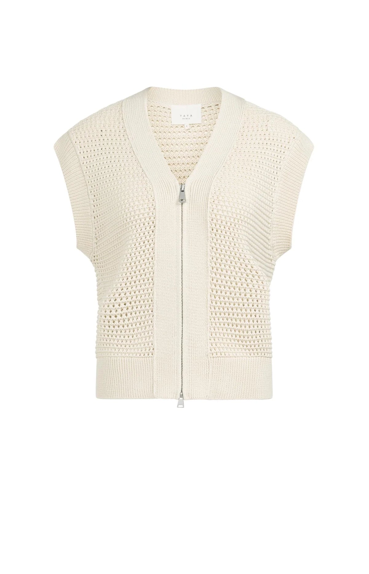 Sleeveless Mesh Knit Cardigan with Zipper Closure