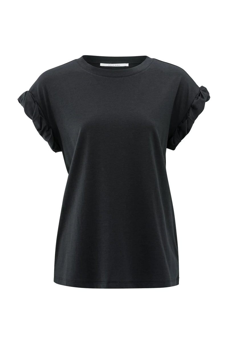 T-shirt with Round Neck and Pleated Sleeves