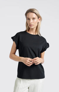 T-shirt with Round Neck and Pleated Sleeves