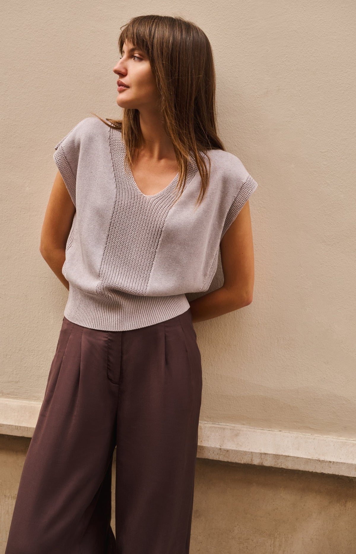 Textured Sweater with V-Neck - YAYA - Alabaster Gray Melange