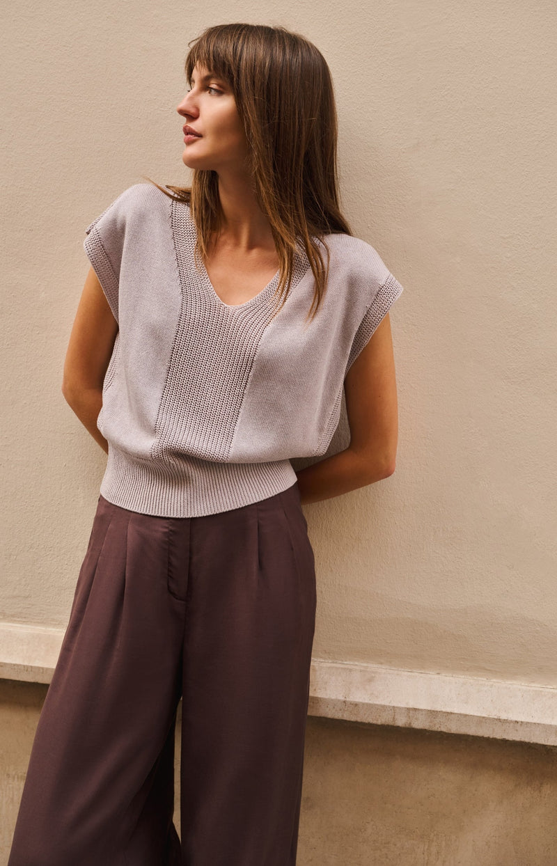 Textured Sweater with V-Neck - YAYA - Alabaster Gray Melange